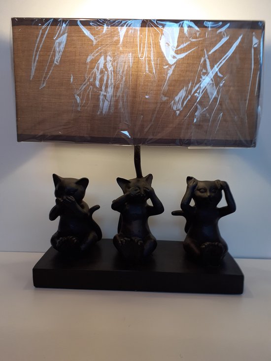 Katten beeld kattenlamp HOREN,ZIENen ZWIJGEN zo leuk incl. lampenkap en lamp zwart / taupe 36x31x15 cm