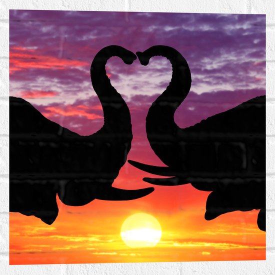 Muursticker - Silhouet van Koppel Olifanten met Hartvormige Slurfen - 50x50 cm Foto op Muursticker