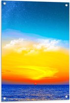 WallClassics - Tuinposter – Zon verdwijnend achter de Zee met Felkleurige Lucht - 60x90 cm Foto op Tuinposter (wanddecoratie voor buiten en binnen)