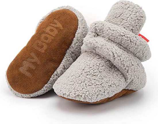 Babyslofjes - Completebabyuitzet - warme slofjes voor je baby - 6-12 maanden (12cm) - schoenmaat 18-19 - lichtgrijs