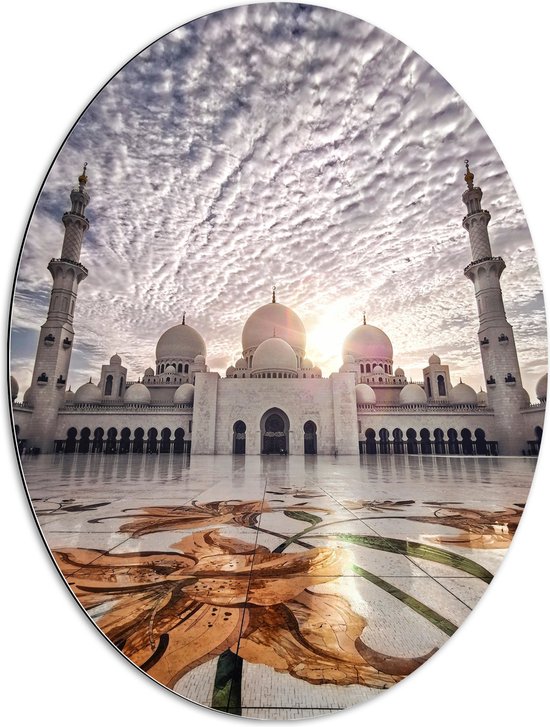 WallClassics - Dibond Ovaal - Moskee in Abu Dhabi - Sjeik Zayed Moskee - 60x80 cm Foto op Ovaal (Met Ophangsysteem)