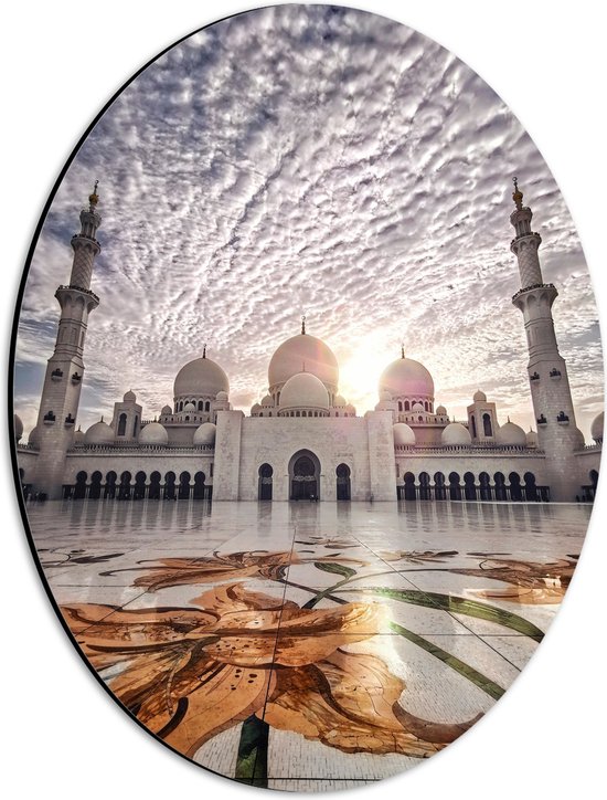 WallClassics - Dibond Ovaal - Moskee in Abu Dhabi - Sjeik Zayed Moskee - 30x40 cm Foto op Ovaal (Met Ophangsysteem)