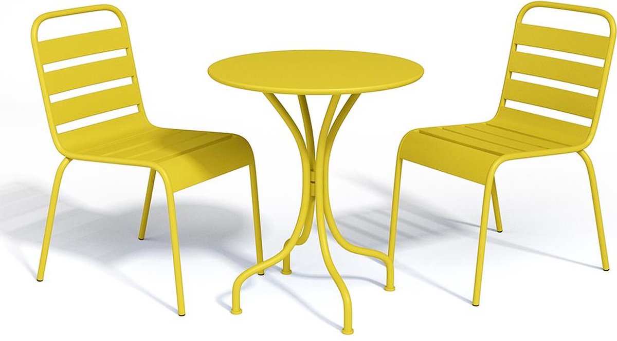 MYLIA Tuineetset MIRMANDE: tafel D.60 cm met 2 opstapelbare stoelen - Metaal - Geel L 60 cm x H 79 cm x D 60 cm