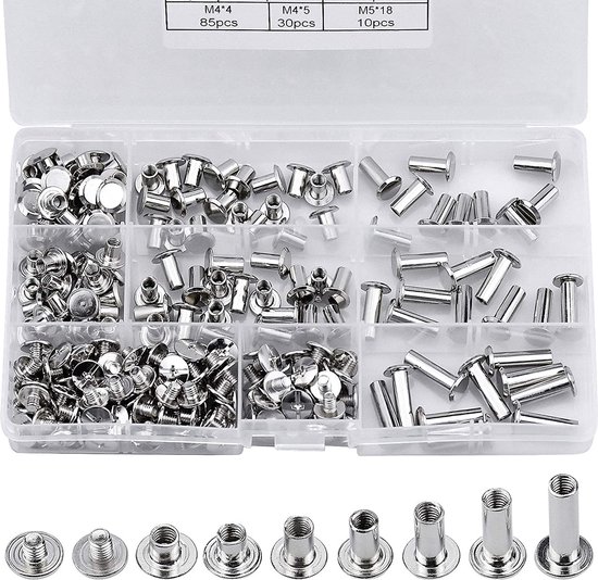 QUARKZMAN Chicago-schroeven, 50-delige set, M5 x 8 mm, metaal, Phillips, kop, bindingsschroeven, klinknagels, studschroeven, klinknagels voor doe -het-zelf leer, riem, tas, handwerk, boekbinding