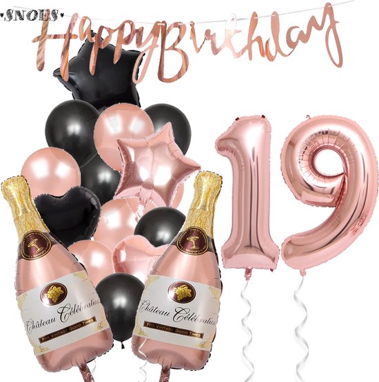 19 Jaar Verjaardag Cijferballon 19 - Feestpakket Snoes Ballonnen Pop The Bottles - Rose Zwart Versiering