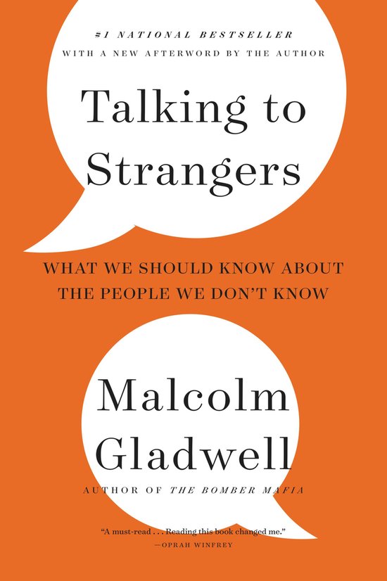Boekomslag van 'Talking to Strangers' door Malcolm Gladwell. Titel in witte tekst op oranje achtergrond.