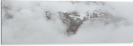Dibond - Bos aan de Rand van Hoge Bergen in de Mist - 120x40 cm Foto op Aluminium (Wanddecoratie van metaal)