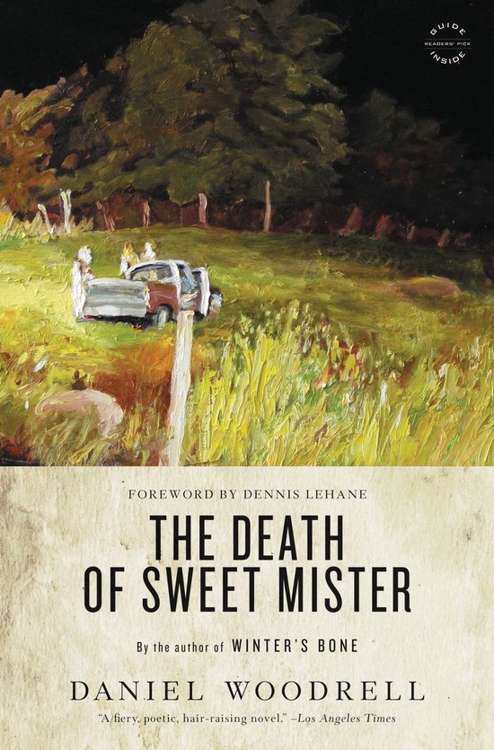 Boekhoes met schilderij van pick-up truck en mensen in een landschap, met tekst 'THE DEATH OF SWEET MISTER' en 'DANIEL WOODRELL'.