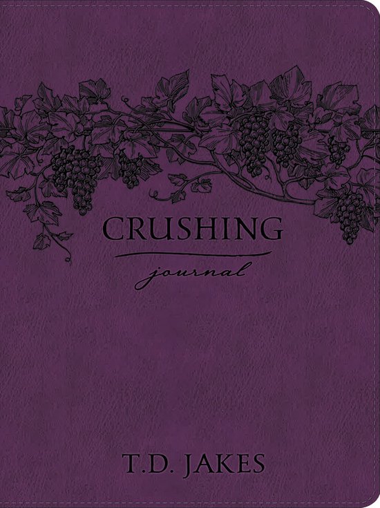 Paars lederen "Crushing journal" met druivenranken-design en T.D. JAKES opdruk.