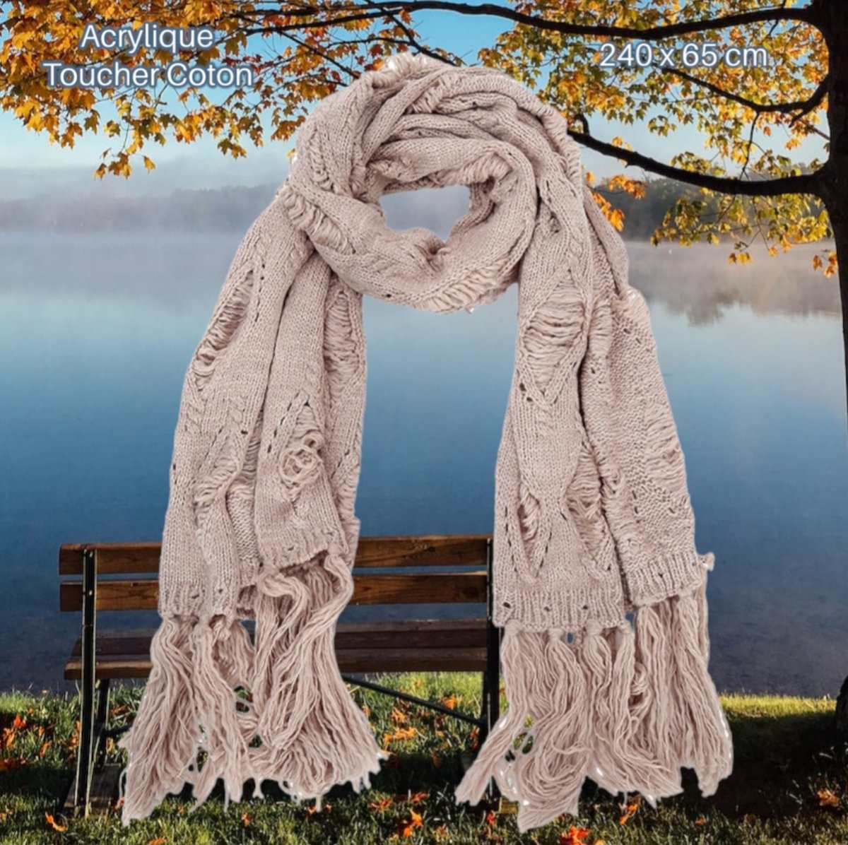 Fleur de Lis - Een hele mooie lange brede sjaal - 240 x 65 cm - Zand Beige Sand - Bewerkte detail - Acrylique Toucher Coton - Volwassenen - Tieners - Casual