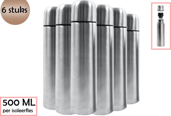 6 stuks thermos Isoleerfles 500 ML - Zilver- 3000 ML met 6 thermosflessen