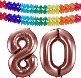 Folat folie ballonnen - Leeftijd cijfer 80 - brons - 86 cm - en 2x slingers