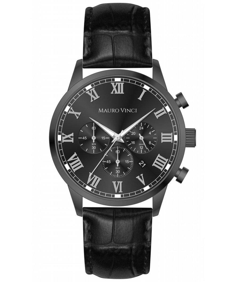 Heren horloge zwart staal - Mauro Vinci Staal Gunmetal black - black met lederen bewaardoos - Sports line 420 stalen horloge met Japans binnenwerk