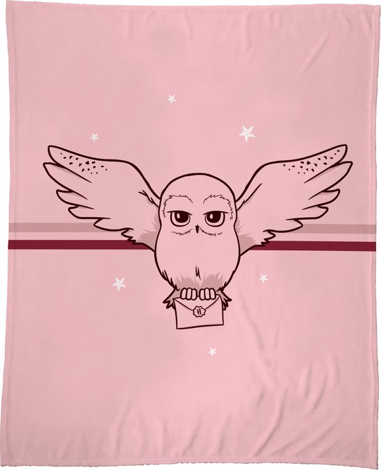 Roze deken met Harry Potter uil met brief. Bedekt met sterren en strepen.