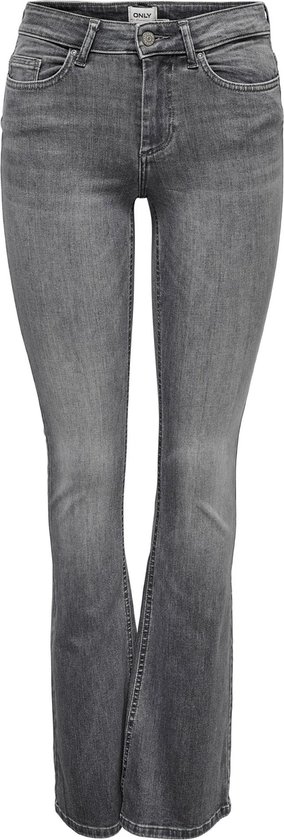 Een grijze flared jeans, recht van voren gefotografeerd.