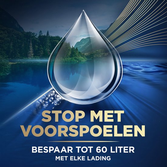 Waterdruppel met bergenlandschap, met tekst "Stop met voorspoelen" en "Bespaar tot 60 liter".