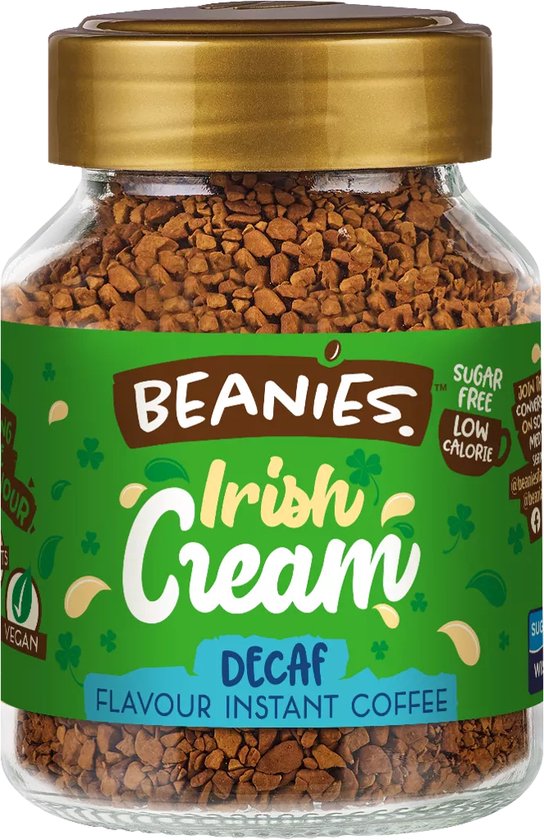 Foto: Beanies instant koffie irish cream koffie flavoured oploskoffie decaf caffeine vrij decaf koffie koffie met een smaakje caffeine vrij