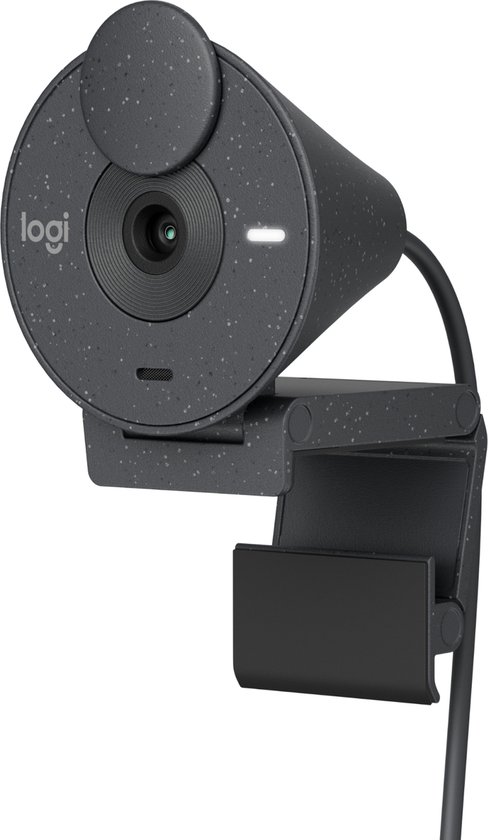 Webcam grise mouchetée, objectif frontal avec clip réglable.