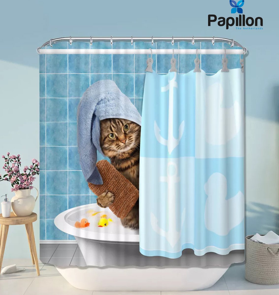 Douchegordijn Textiel Waterafstotend 180x200 Papillon Kat in Bad