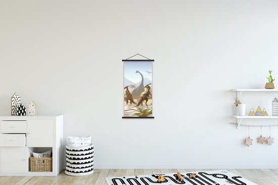 Posterhanger incl. Poster 40x80 cm - Schoolplaat - Dinosaurus - Landschap - Tropisch - Kinderen - Jongens - Textielposter - Zwarte latten