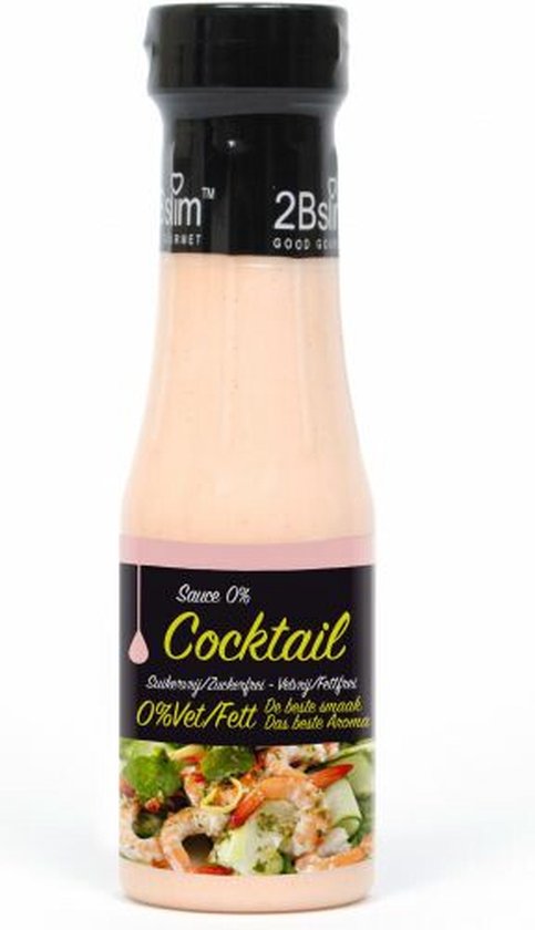 Fles 2BSlim cocktailsaus, lichtroze, met afbeelding van garnalensalade.