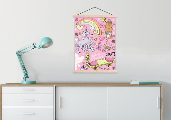Affiche scolaire enfants - Affiche scolaire safari - Filles - Design - Unicorn - Arc-en-ciel - Rose - Décoration murale chambres d'enfants - 60x80 cm