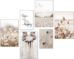artpin® Moderne posterset, decoratiefoto's voor woonkamer of slaapkamer, pampasgras, strand, fotowand zonder lijst (4X A3, 2X A4) W9