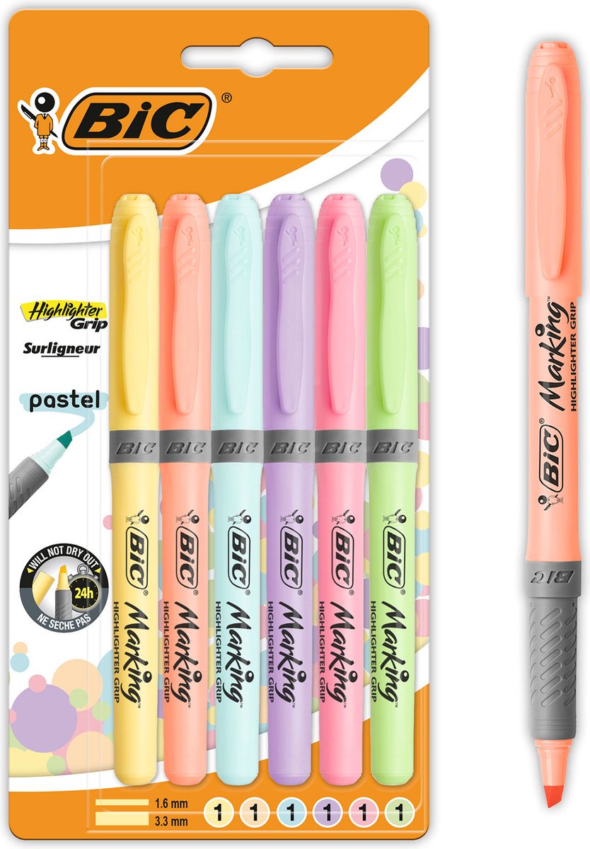 BIC Highlighter Grip Pastel Markeerstiften met Verstelbare Schuine Punt - Diverse Kleuren - 6 Stuks - BIC