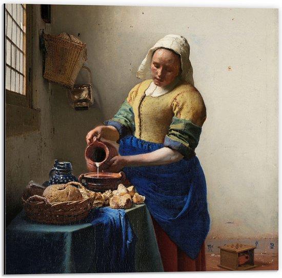 Dibond - Het melkmeisje, Johannes Vermeer, ca. 1660 - 50x50 cm Foto op Aluminium (Met Ophangsysteem)