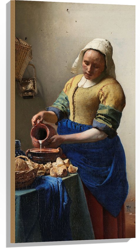 Hout - Het melkmeisje, Johannes Vermeer, ca. 1660 - 50x100 cm - 9 mm dik - Foto op Hout (Met Ophangsysteem)