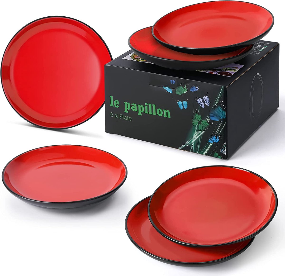 MIAMIO – 6 x bord / diner bord set steengoed keramische servies set - Le Papillon collectie (8 inch, rood)