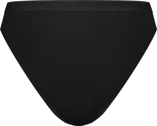 Zwart broekje met hoge taille en brede band, achterkant.