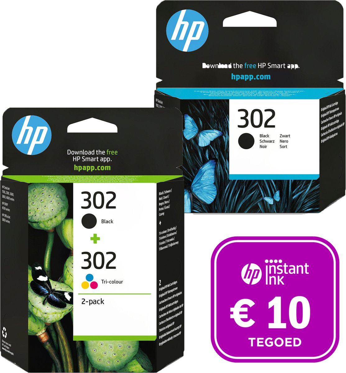 HP 302 - Inktcartridge kleur & 2x zwart (3-pack) + Instant Ink tegoed