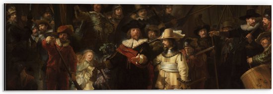 Dibond - De Nachtwacht, Rembrandt van Rijn, 1642 - Oude Meesters - 60x20 cm Foto op Aluminium (Wanddecoratie van metaal)