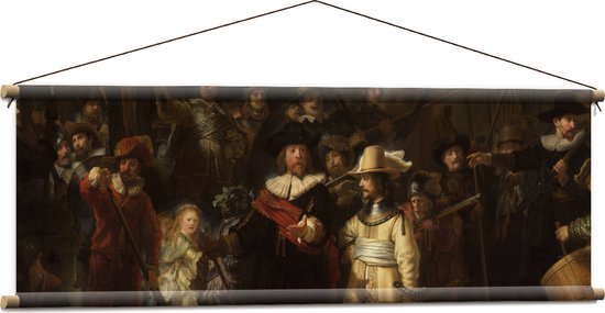 Textielposter - De Nachtwacht, Rembrandt van Rijn, 1642 - Oude Meesters - 120x40 cm Foto op Textiel