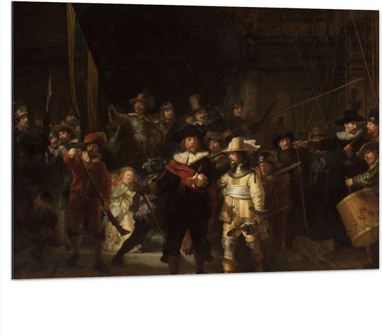 Dibond - De Nachtwacht, Rembrandt van Rijn, 1642 - Oude Meesters - 100x75 cm Foto op Aluminium (Met Ophangsysteem)