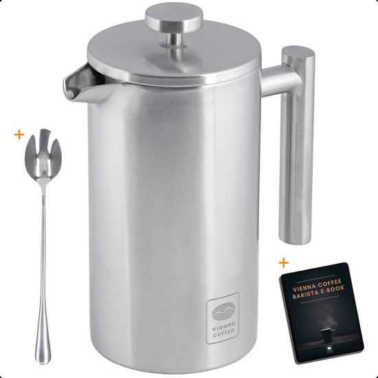Vienna Coffee French Press 1 L – Dubbelwandig RVS – Cafetière – Verse Koffiemaker – Zilver