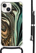 Hoesje met koord geschikt voor iPhone 14 - Magic marble - Inclusief zwart koord - Crossbody beschermhoes - Transparant, Groen - Mooie Telefoonhoesjes