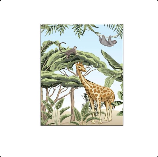 PosterDump - Poster Giraf Aapje Luiaard in de Jungle Aquarel midden - Jungle / Safari Poster - Kinderkamer / Babykamer - 70x50cm
