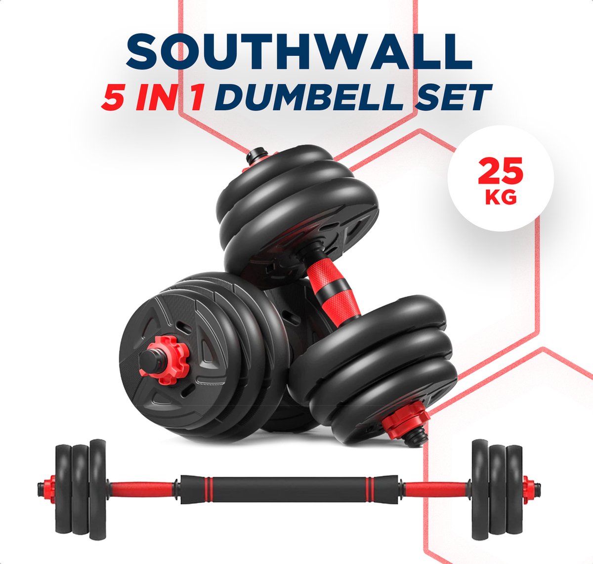 SOUTHWALL 5-in-1 Dumbbells tot 25 kg – Halterset – Dumbells Verstelbaar – Kettlebell – Halterstang – Gewichten – Barbell – Dumbells set – Fitness gewichten set – Gebruiksvriendelijk – Multifunctioneel – Zwart/Rood