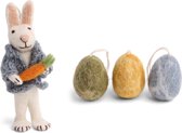 Grands et petits œufs de Pâques aux couleurs printanières joyeuses et lapin de Pâques Witte avec pantalon vert et œuf bleu - Décoration branche de Pâques en Feutres - Ensemble de 12 pendentifs - Commerce Fair - Design scandinave