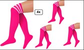 4x Lange sokken fluor roze met witte strepen - maat 36-41 - kniekousen fluor roze overknee kousen sportsokken cheerleader carnaval voetbal hockey unisex festival