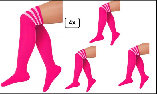 4x Chaussettes longues rose fluo à rayures blanches - taille 36-41 -  chaussettes... | bol