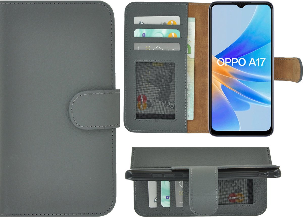 MoDo hoesje Geschikt voor Oppo A17/ A17k - Echt Leer Book Case - Grijs
