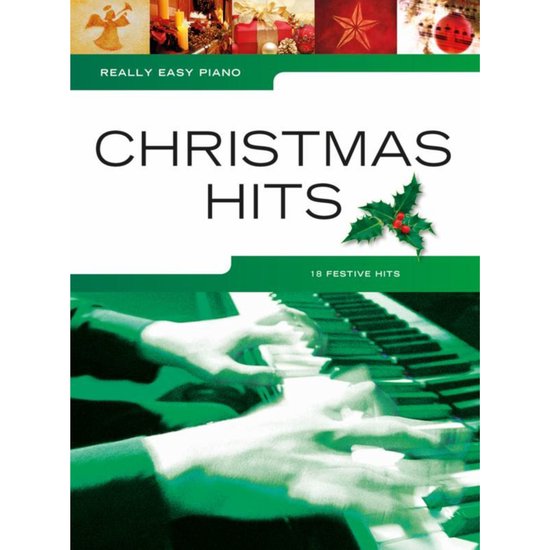 Boek 'Christmas Hits' met "Really Easy Piano" en "18 Festive Hits". Bovenkant met kerstafbeeldingen, onderkant met handen op een piano.