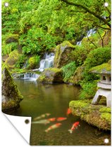 Muurdecoratie buiten Waterval - Koi - Japanse lantaarn - Mos - Water - 120x160 cm - Tuindoek - Buitenposter