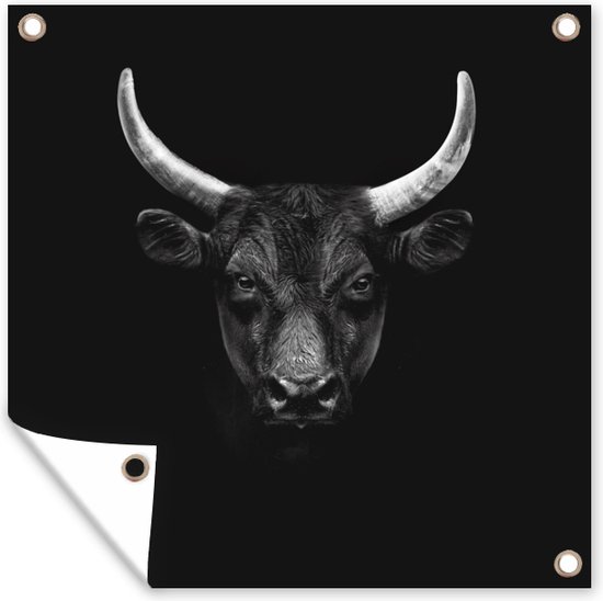 Tuindoek Dieren - Stier - Zwart - Wit - Portret - 100x100 cm