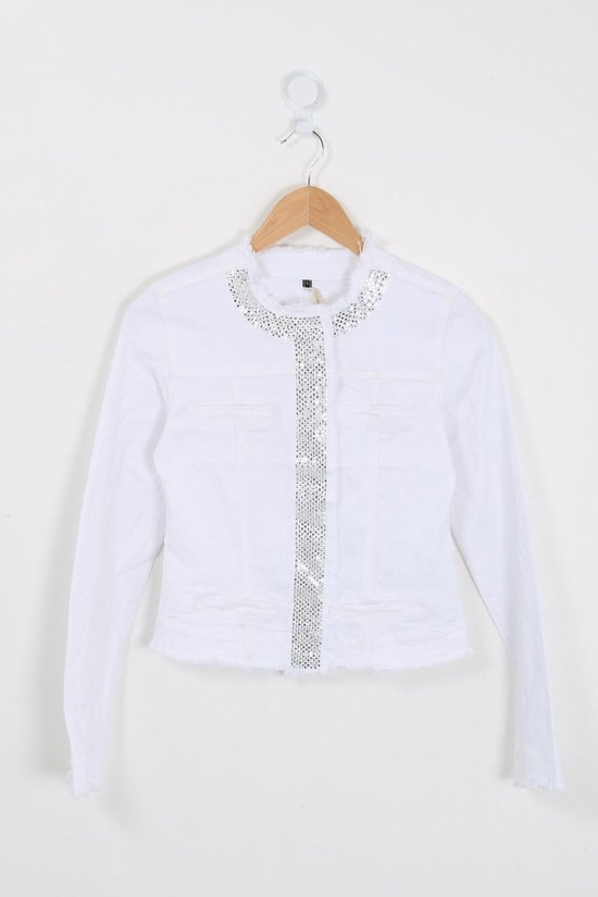 Cardigan Jeans femme - avec blingbling - poches décoratives - blanc - (taille S)