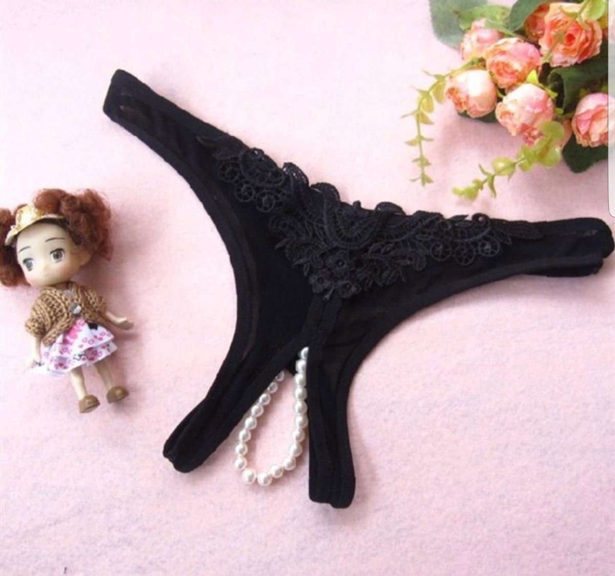 Erotische Slip I Sexy Slipje Met Parels I Sexy String I Open kruis I Erotisch Ondergoed I Zwart
