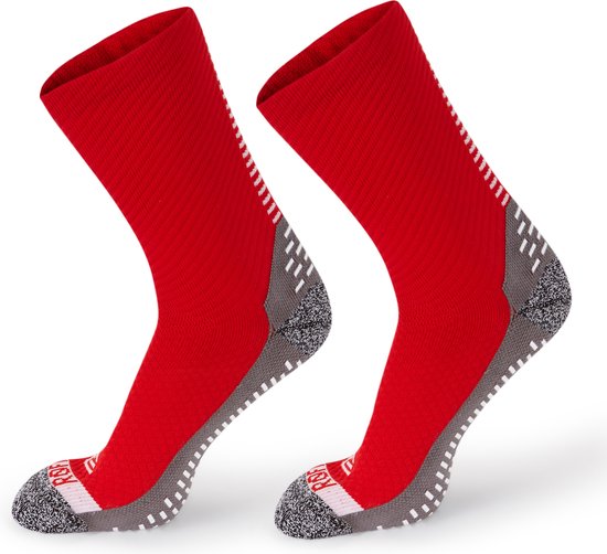 RØFF Ultimate Grip Sock Unieke sokken met ook grip in teen en hiel voor voetbal, hockey, basket, tennis, squash, padel, skating en andere sporten. Extreme gripsokken voor sport. Comfortabele sokken voor mannen en vrouwen. Rood. 43-46
